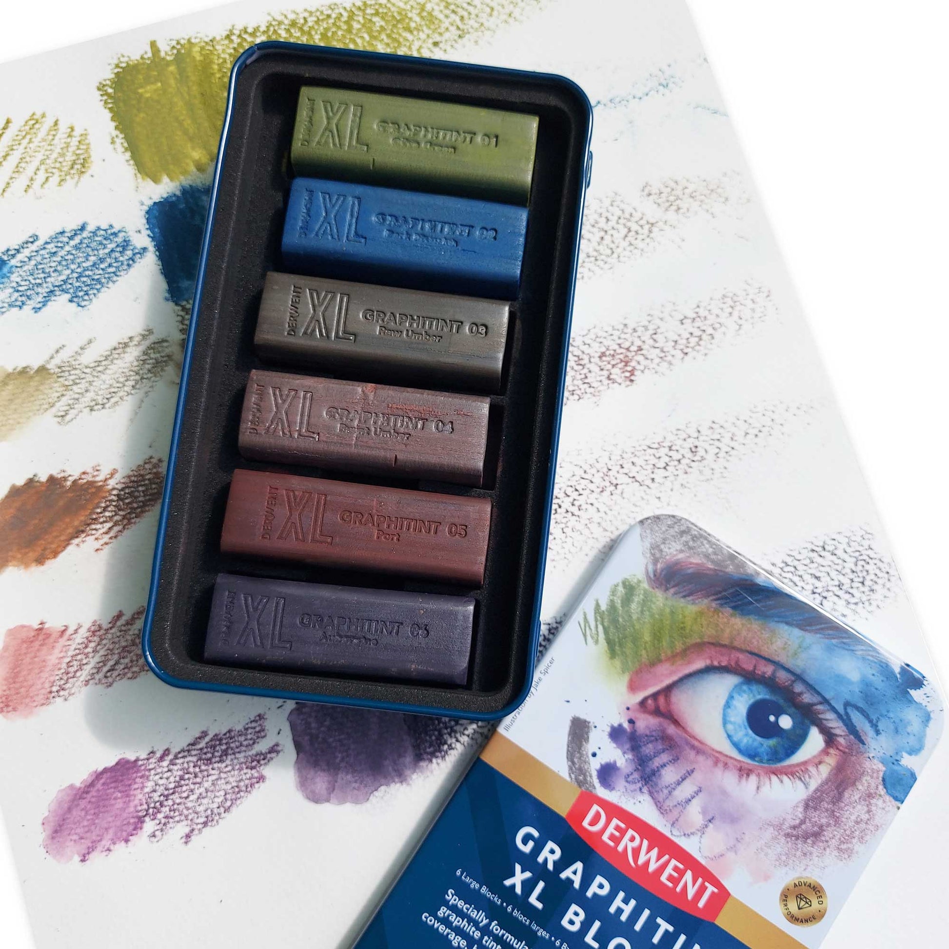 Derwent Graphitint XL Blocks - Closeup with packaging and swatches