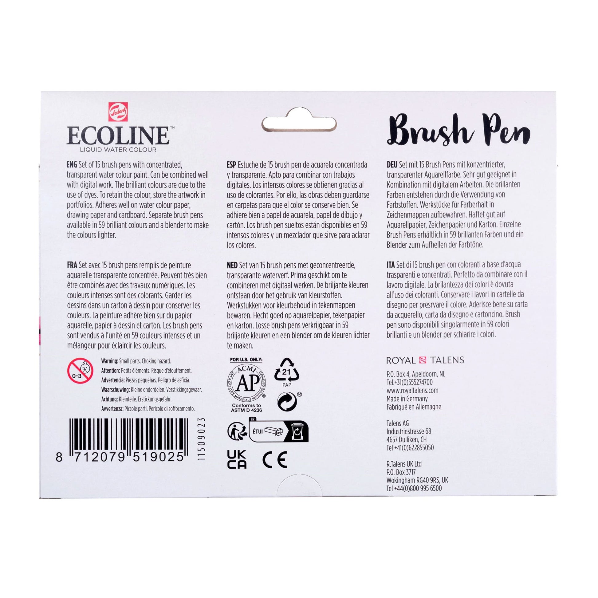 Royal Talens Ecoline Brush Pen Set of 15 Colours - Back of the box