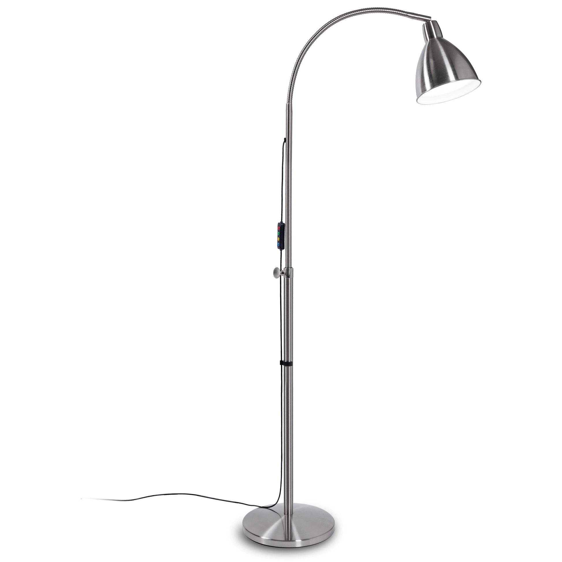 Chrome floor lamp with adjustable head on a white background