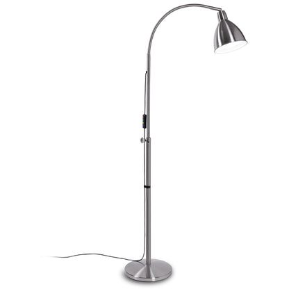 Chrome floor lamp with adjustable head on a white background