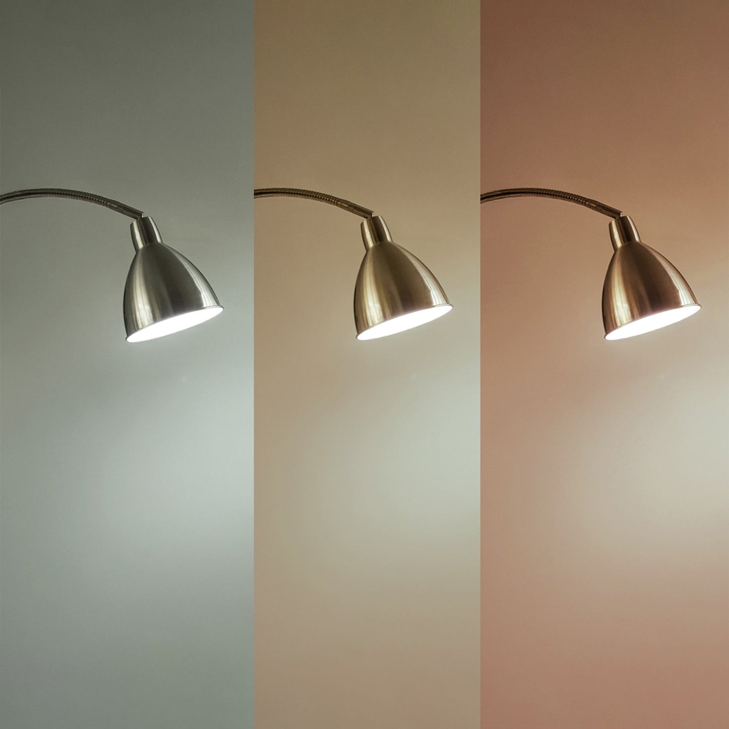 Three views of a wall-mounted lamp against different colored walls.