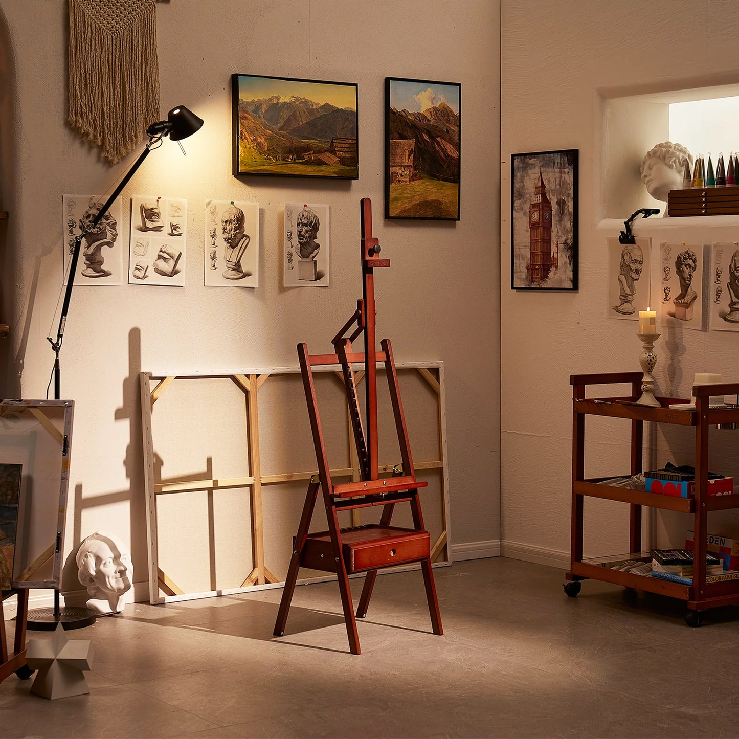 MEEDEN Forward Tilt H-Frame Floor Easel with Drawer - Mahogany