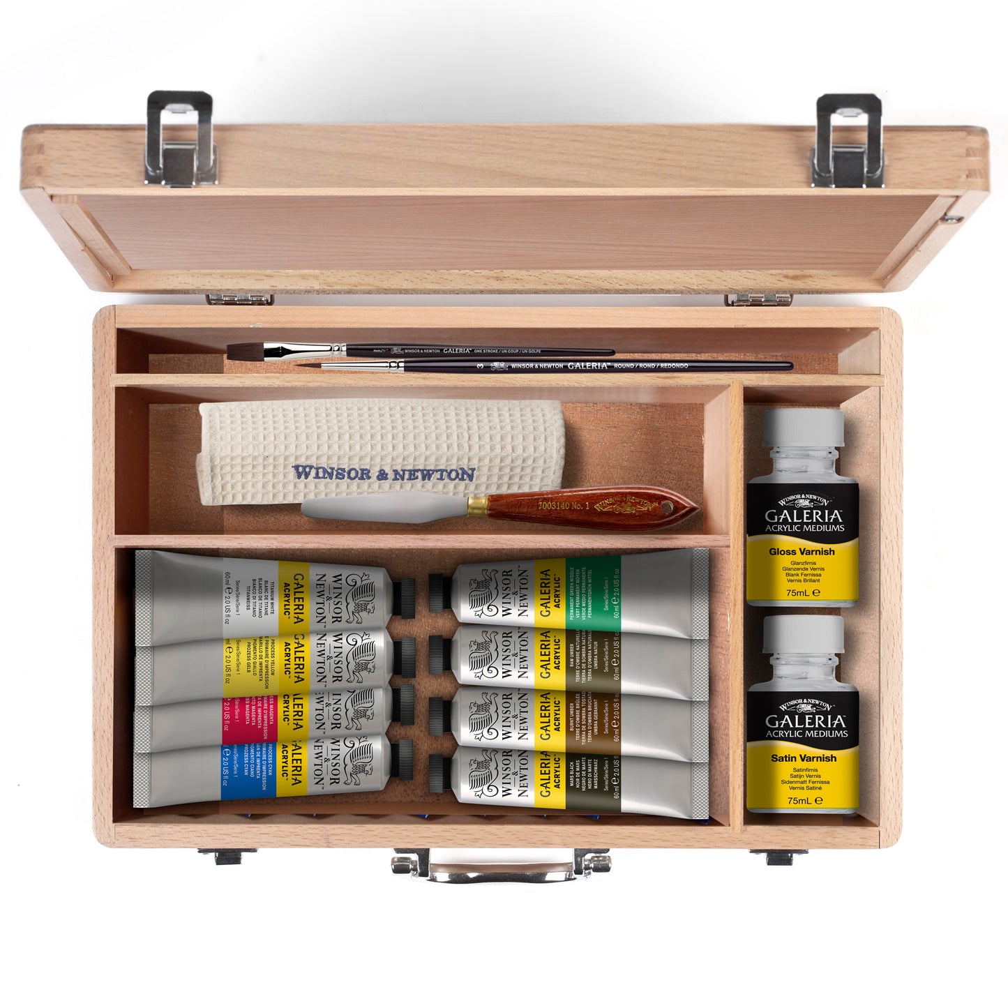 Winsor & Newton Galeria Acrylic Wooden Box Set - Set open, showcasing the contents