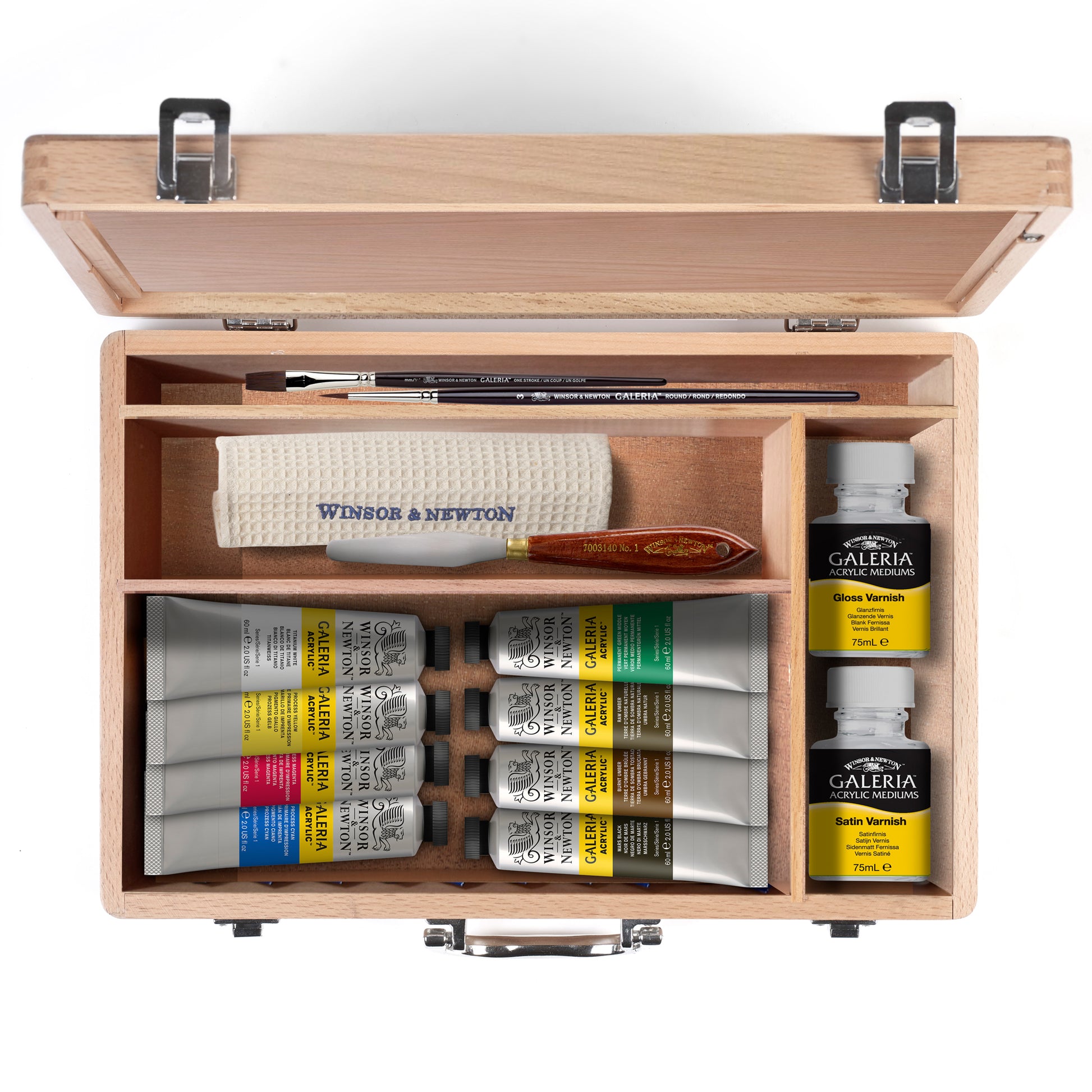Winsor & Newton Galeria Acrylic Wooden Box Set - Set open, showcasing the contents