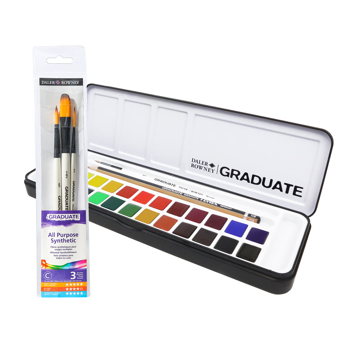 Daler-Rowney Graduate Watercolour Set - 24 Half Pans + Free All Purpose Synthetic Brushes