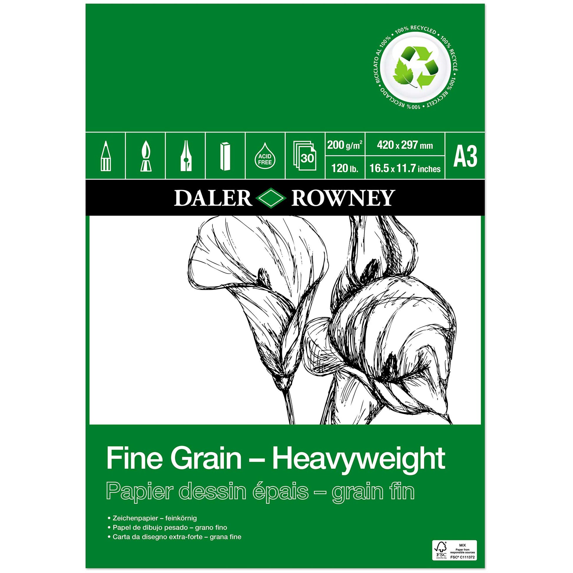 Daler-Rowney ECO Fine Grain Heavyweight Cartridge Pads (GREEN) - A3