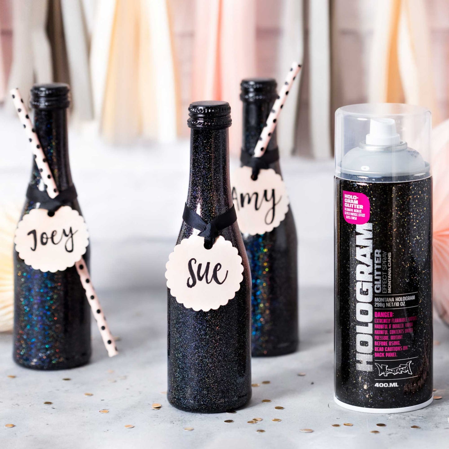 Montana Hologram Glitter in use on some decorative bottles
