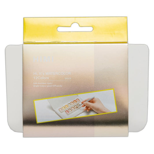 HIMI : Solid Watercolour : Set of 12 Half Pans : 1 Brush Included : Metallic : Metal Case : Gold