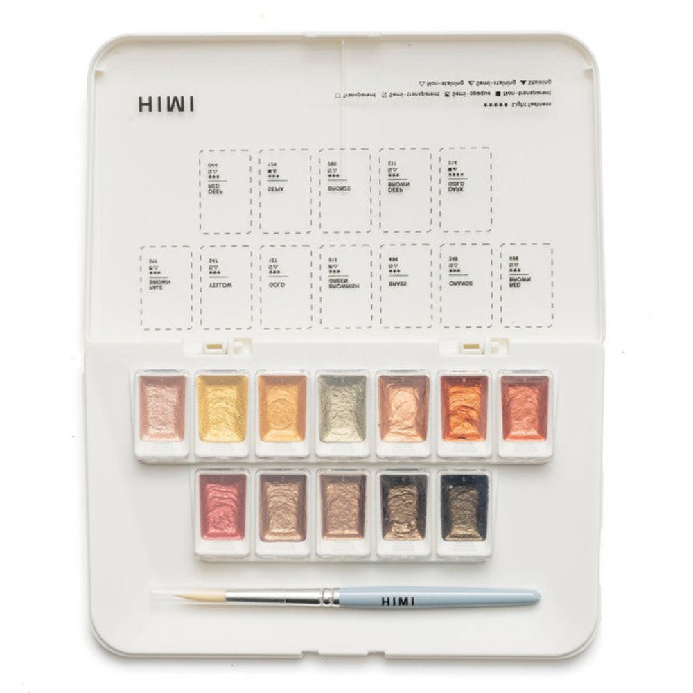 HIMI : Solid Watercolour : Set of 12 Half Pans : 1 Brush Included : Metallic : Metal Case : Gold