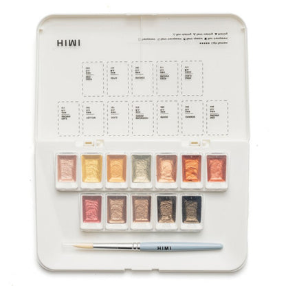 HIMI : Solid Watercolour : Set of 12 Half Pans : 1 Brush Included : Metallic : Metal Case : Gold