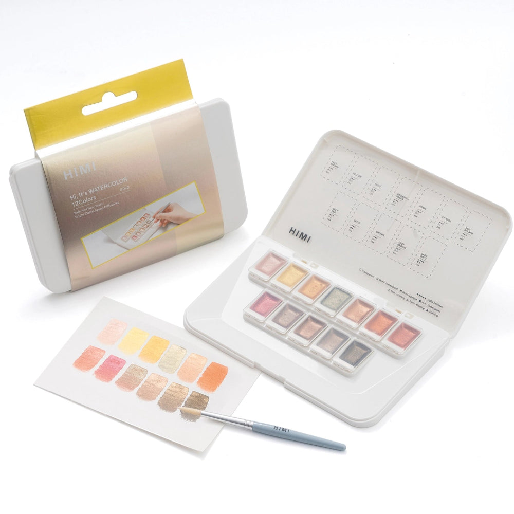 HIMI : Solid Watercolour : Set of 12 Half Pans : 1 Brush Included : Metallic : Metal Case : Gold