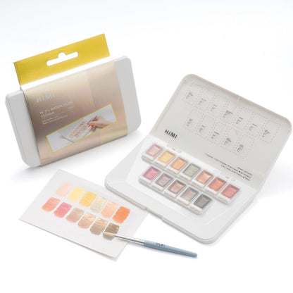 HIMI : Solid Watercolour : Set of 12 Half Pans : 1 Brush Included : Metallic : Metal Case : Gold