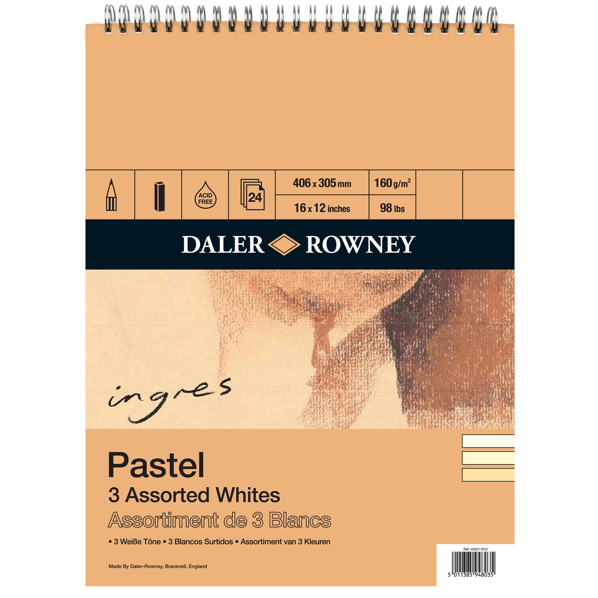 Daler-Rowney Ingres Spiral Pastel Pads - Assorted Whites, textured fibrous surface paper 160g/m, acid-free, 24 sheets.