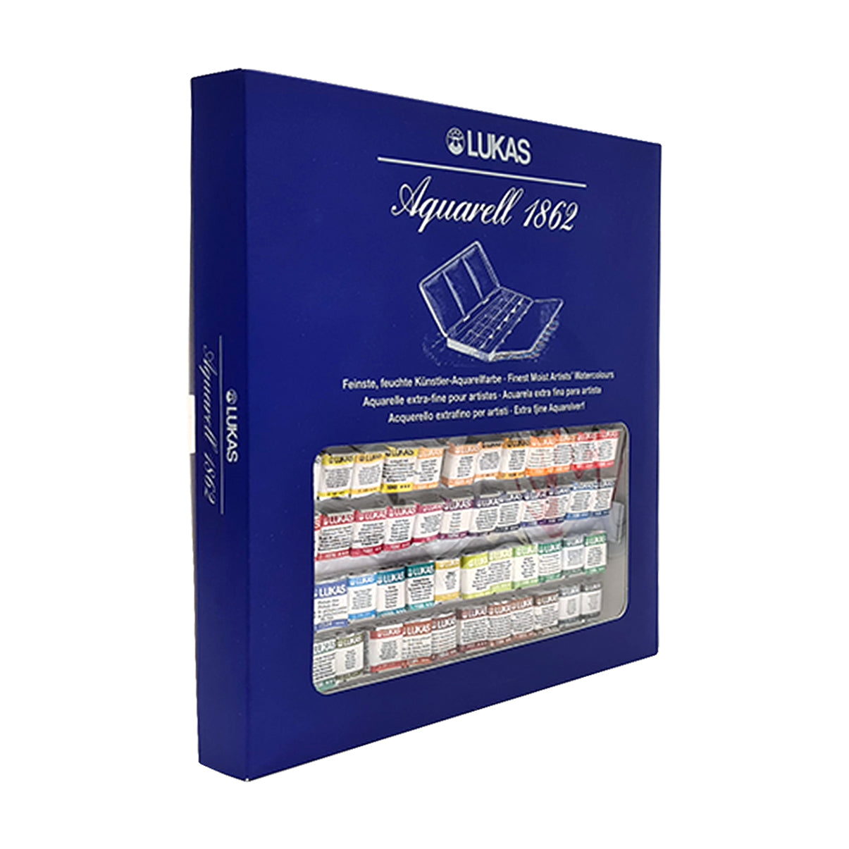 Blue packaging of Lukas Aquarell 1862 watercolor set on a white background