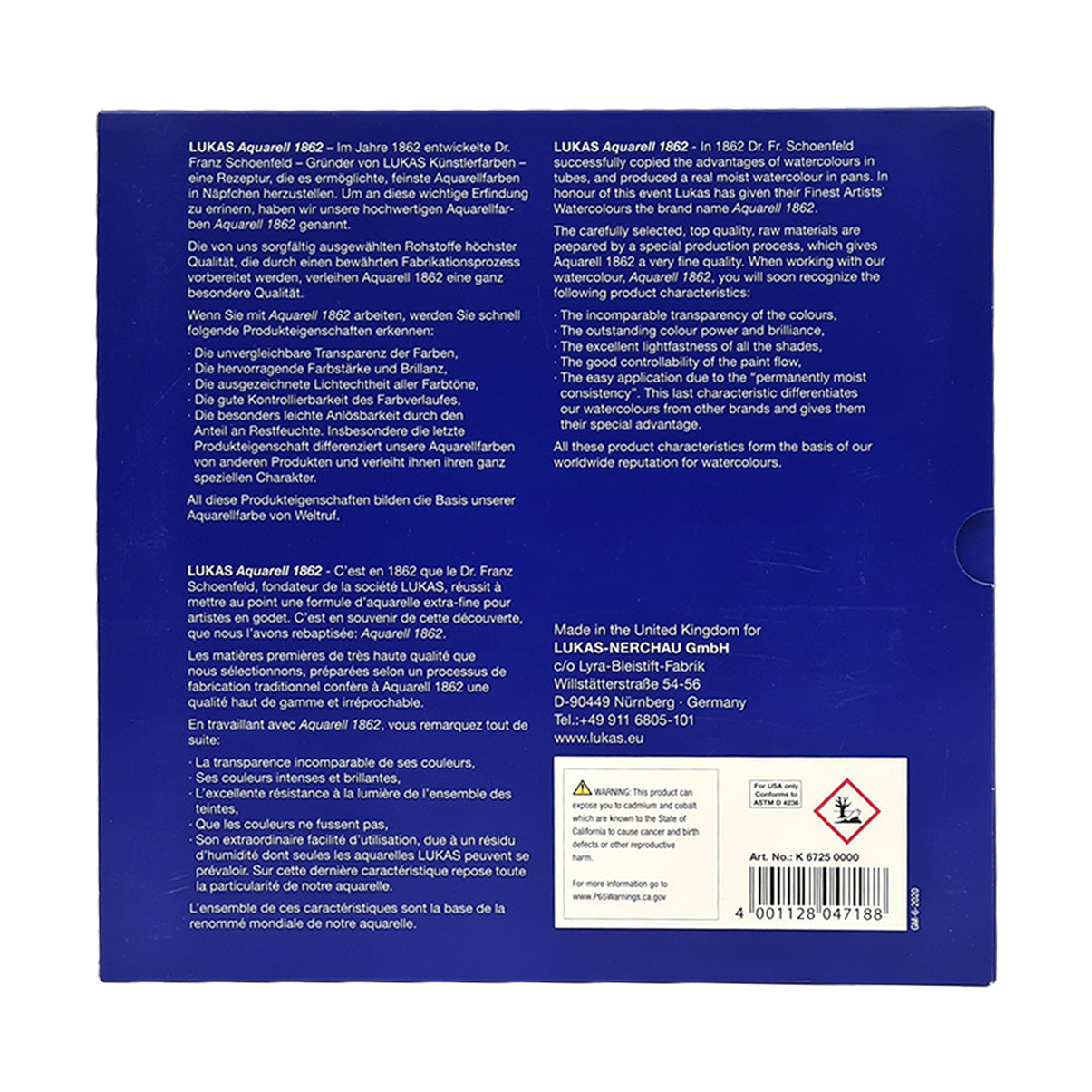 Back of a blue packaging with text and branding on a white background