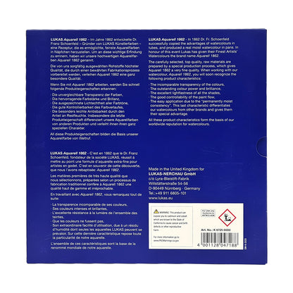 Back of a blue packaging with text and branding on a white background