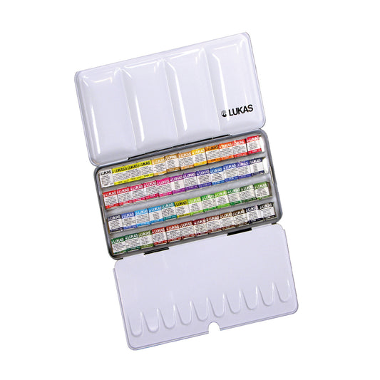 Set of watercolor paints in a Lukas case on a white background