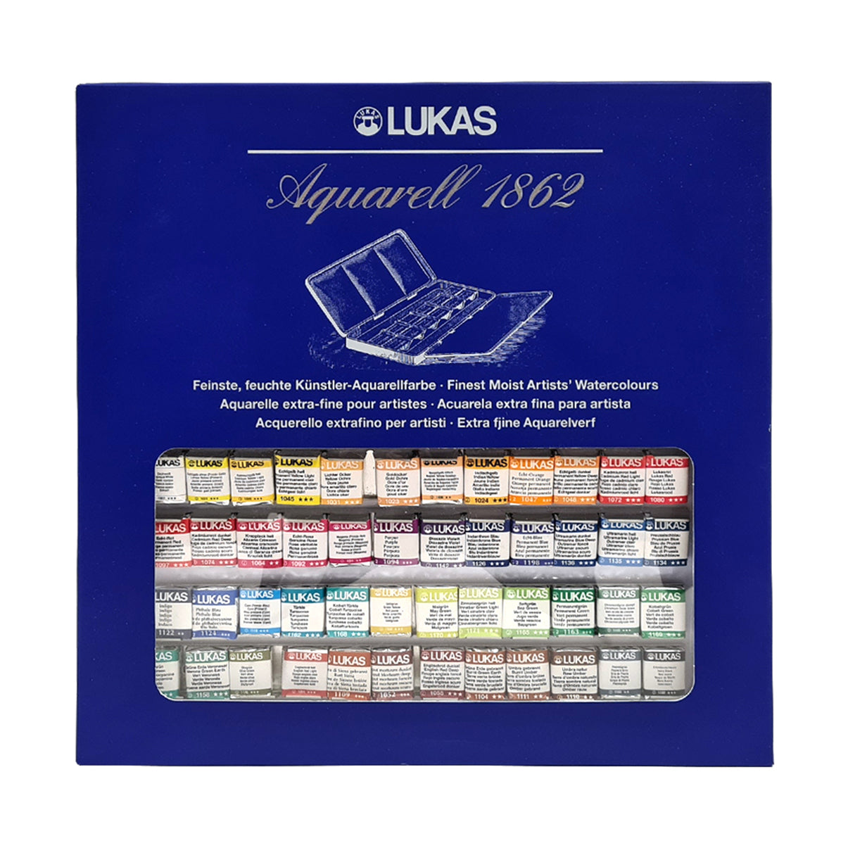 Lukas Aquarell 1862 watercolor paint set packaging with a blue background
