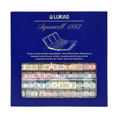 Lukas Aquarell 1862 watercolor paint set packaging with a blue background