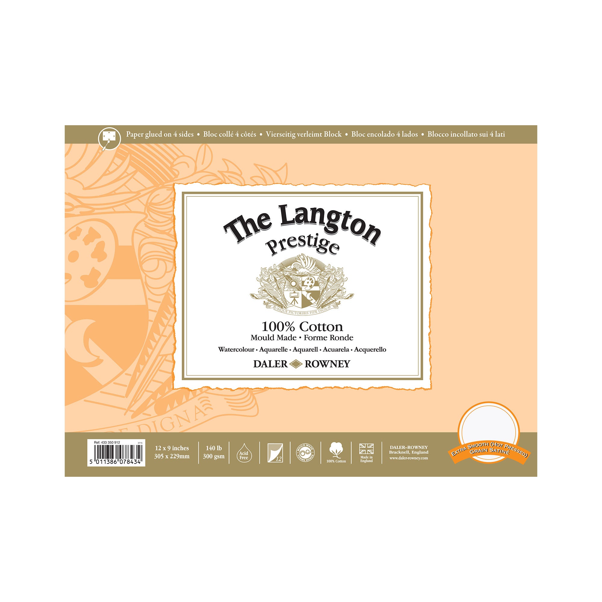 Daler-Rowney Langton Prestige Watercolour Block - 300gsm / 140lb - Hot Pressed - 12 Sheets - 12 x 9 inches