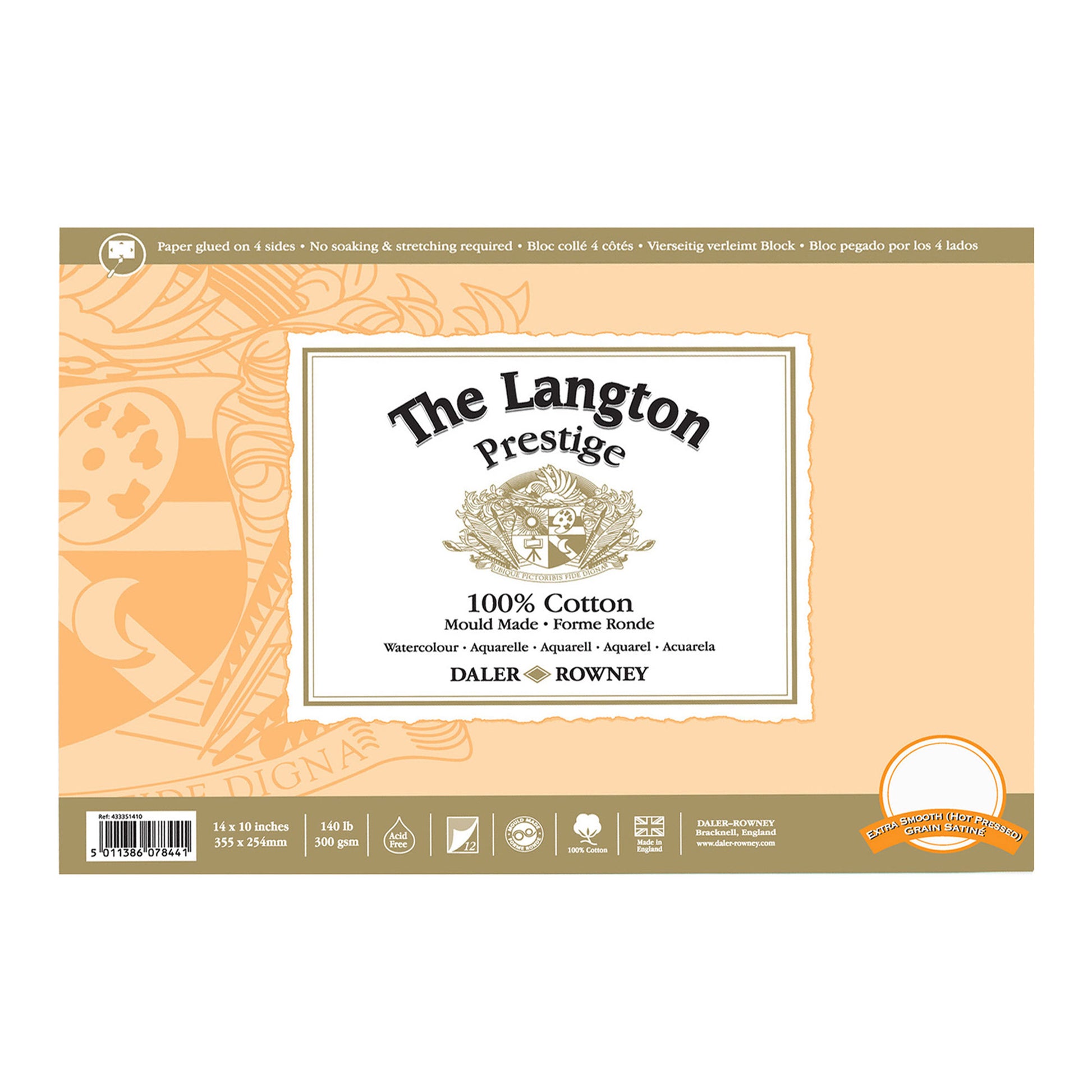 Daler-Rowney Langton Prestige Watercolour Block - 300gsm / 140lb - Hot Pressed - 12 Sheets - 14 x 10 inches