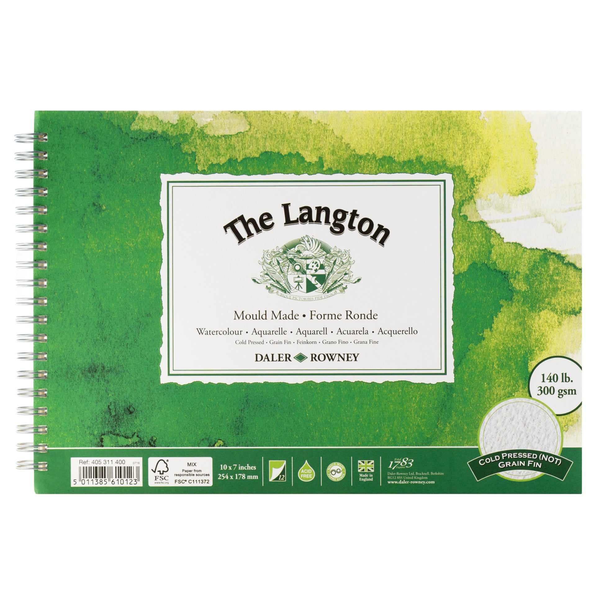 Daler-Rowney Langton Watercolour Spiral Pads (NOT Surface) front cover with green watercolor design.