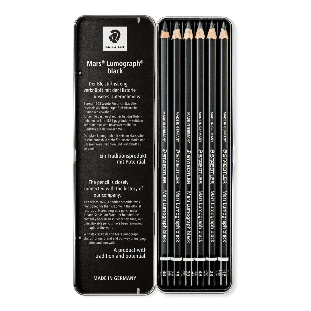 Staedtler Mars Lumograph - Set of 6 Artists Pencils - Tin Open