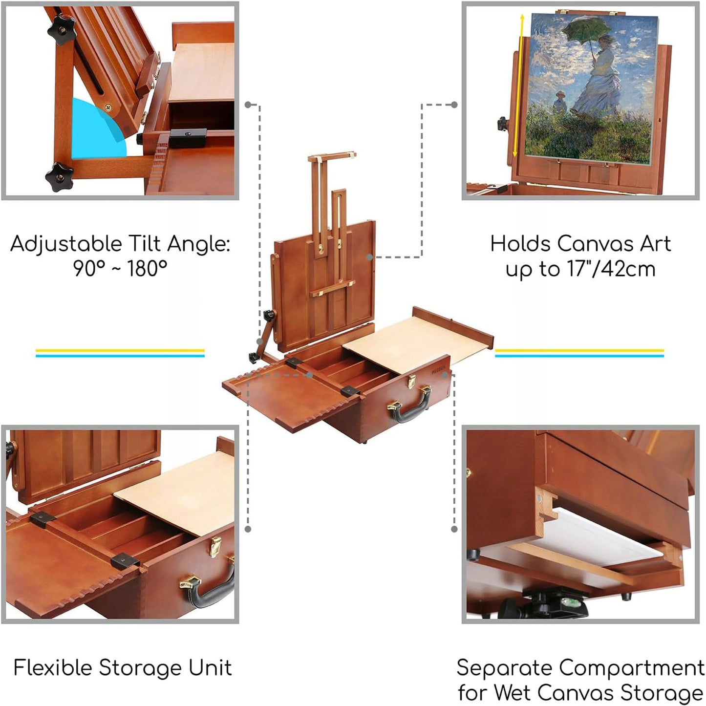 It serves as both a French easel with its built-in tripod and a studio table easel with rubber bumpers.