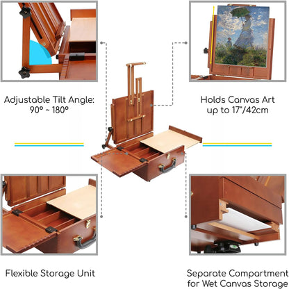 It serves as both a French easel with its built-in tripod and a studio table easel with rubber bumpers.