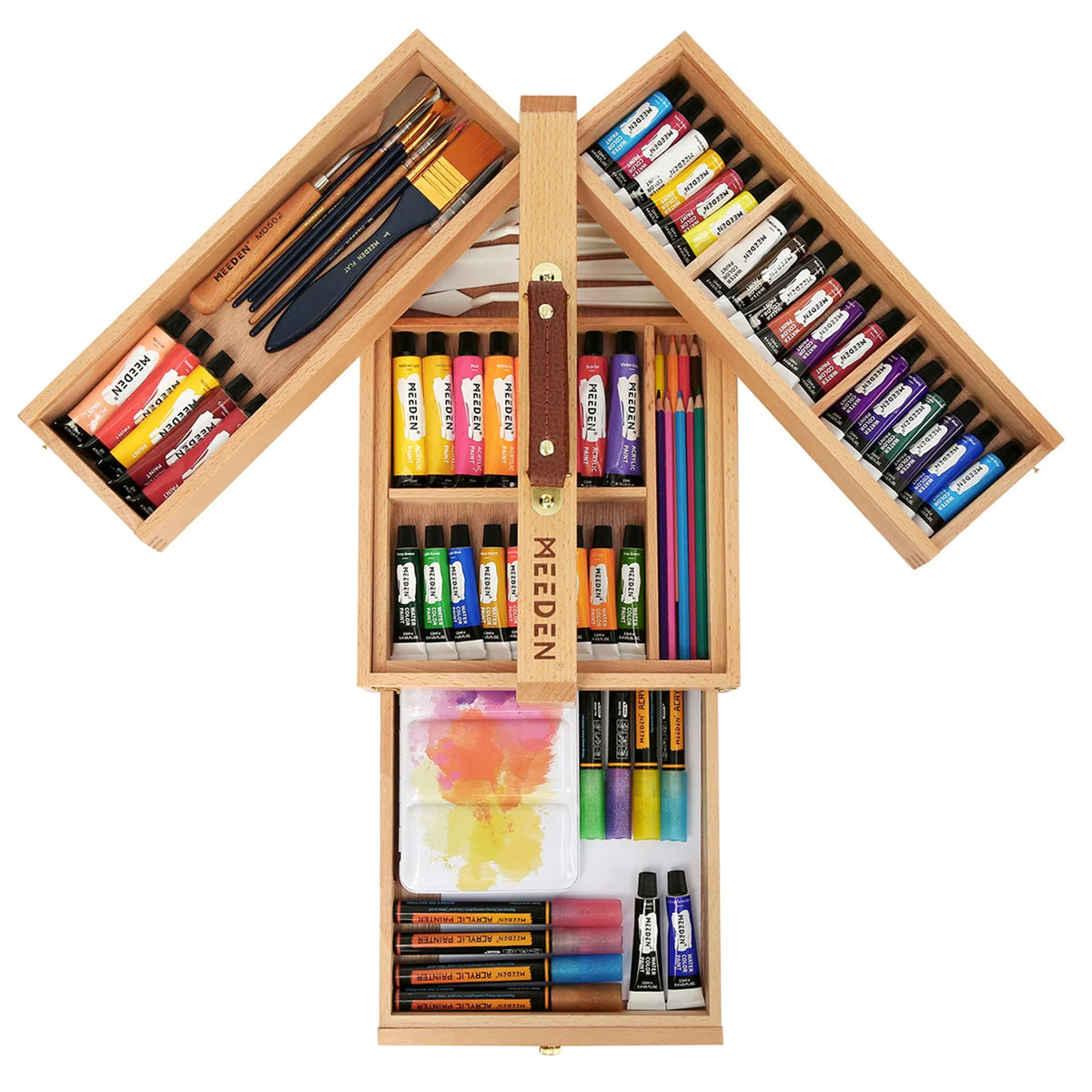 Meeden wooden art supply storage box provides storage for art supplies.