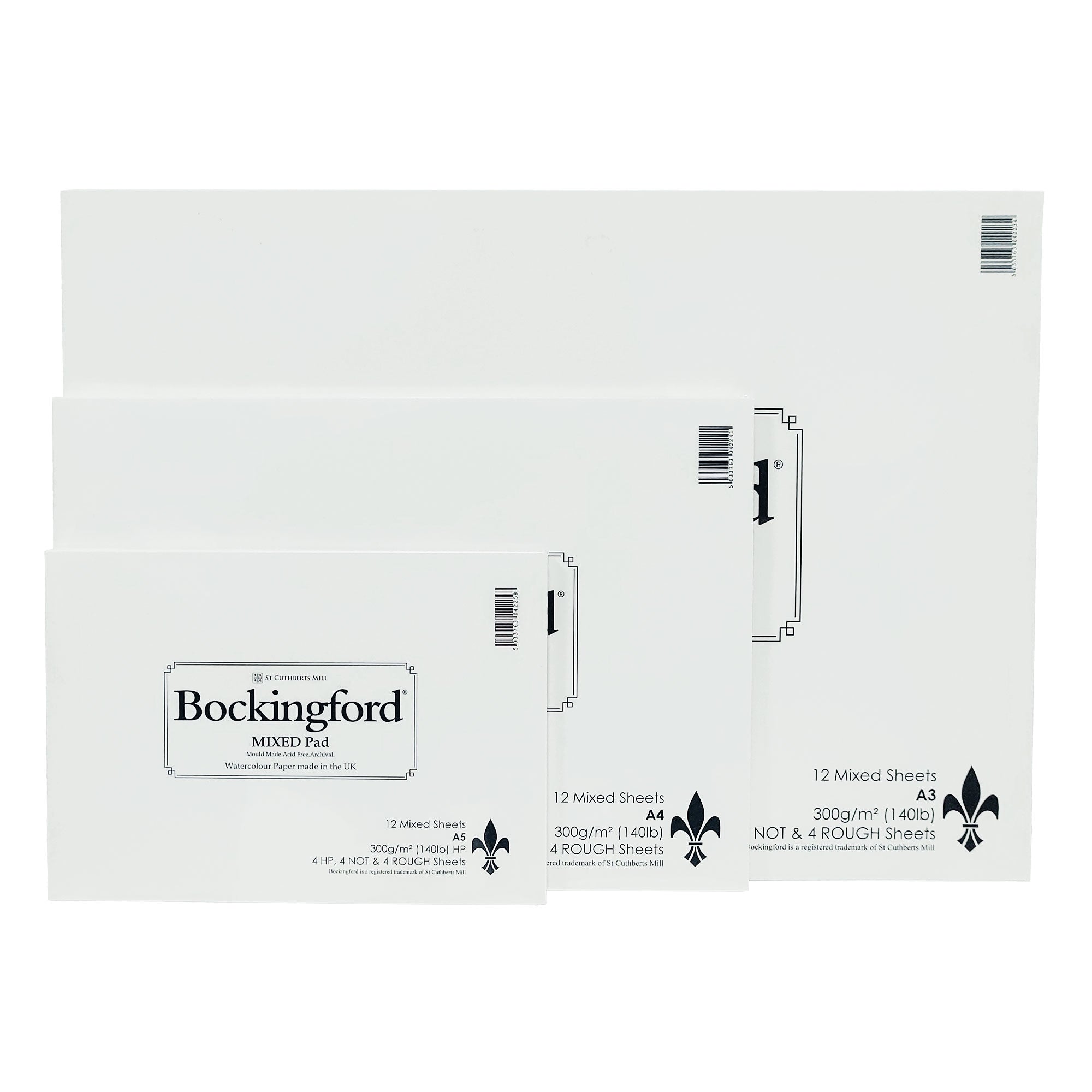 Bockingford Mixed Glued Pads in sizes A5, A4, and A3 