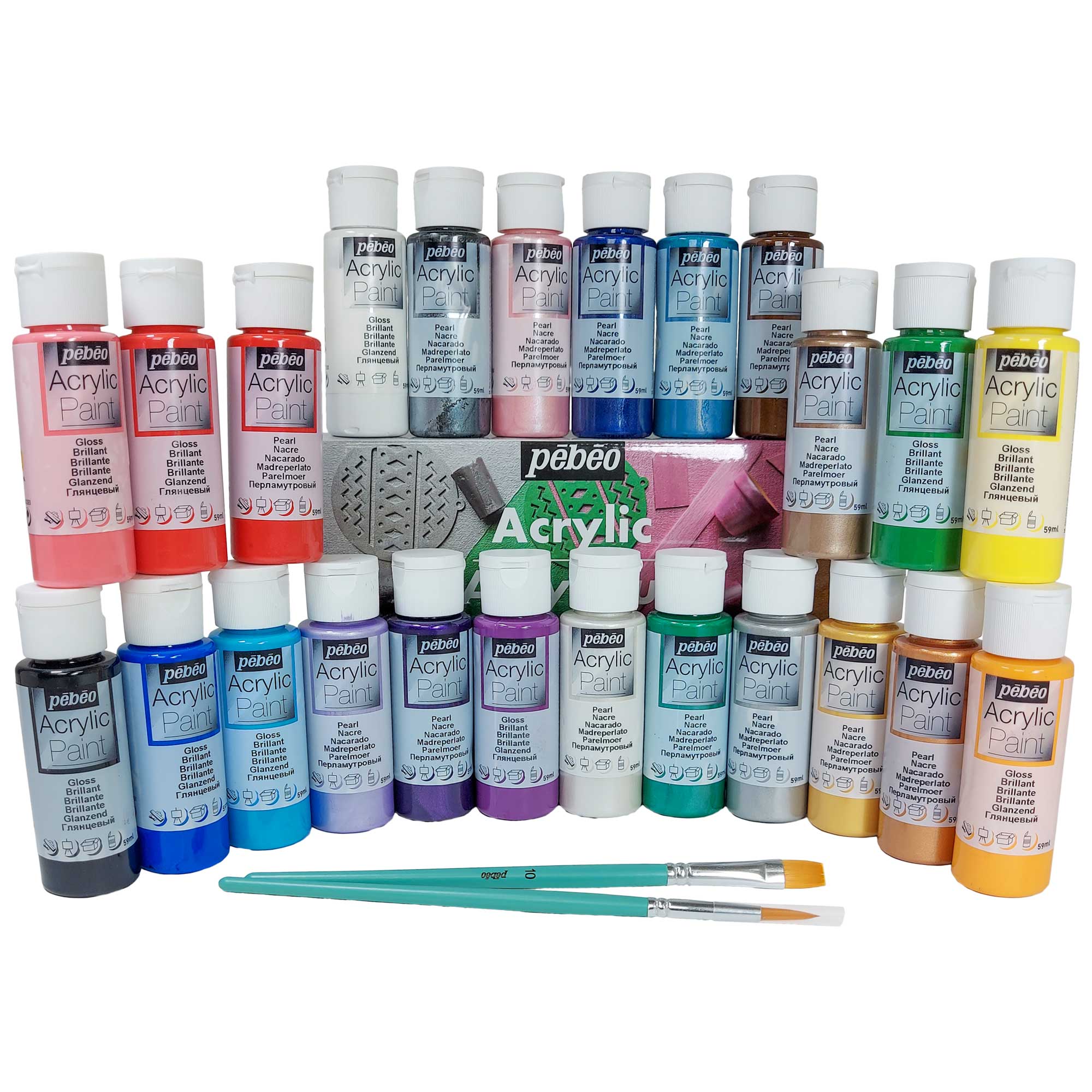 Pebeo Multi-Surface Acrylics Set - Glossy/Pearlescent Colours - Box Contents