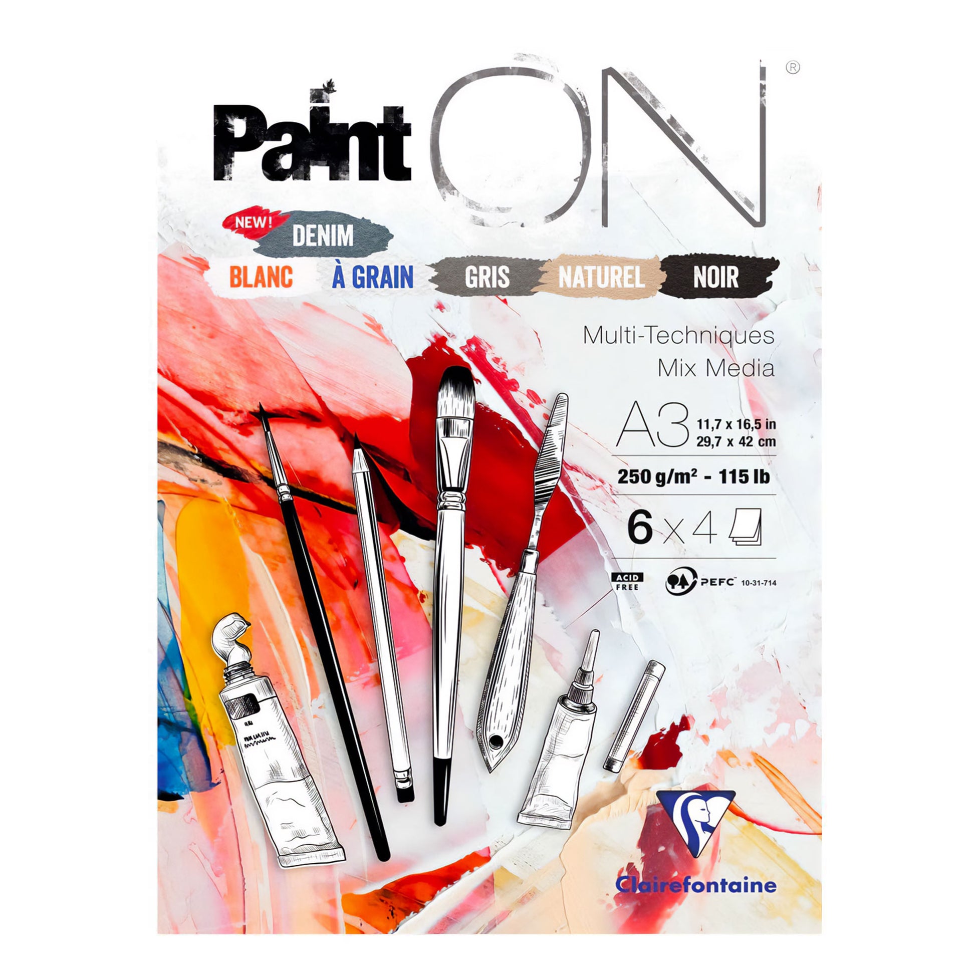 Clairefontaine Paint On Multi-Media Pads - 250gsm (115lb) package showcasing versatility and various colors for artists.