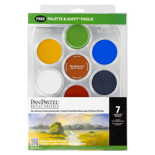 PanPastel Artist Pastels set featuring 7 different pastel colours in a pan format, with additional accessories including a palette, sponge, and painting knife, packaged in a clear plastic box with a green and white design.