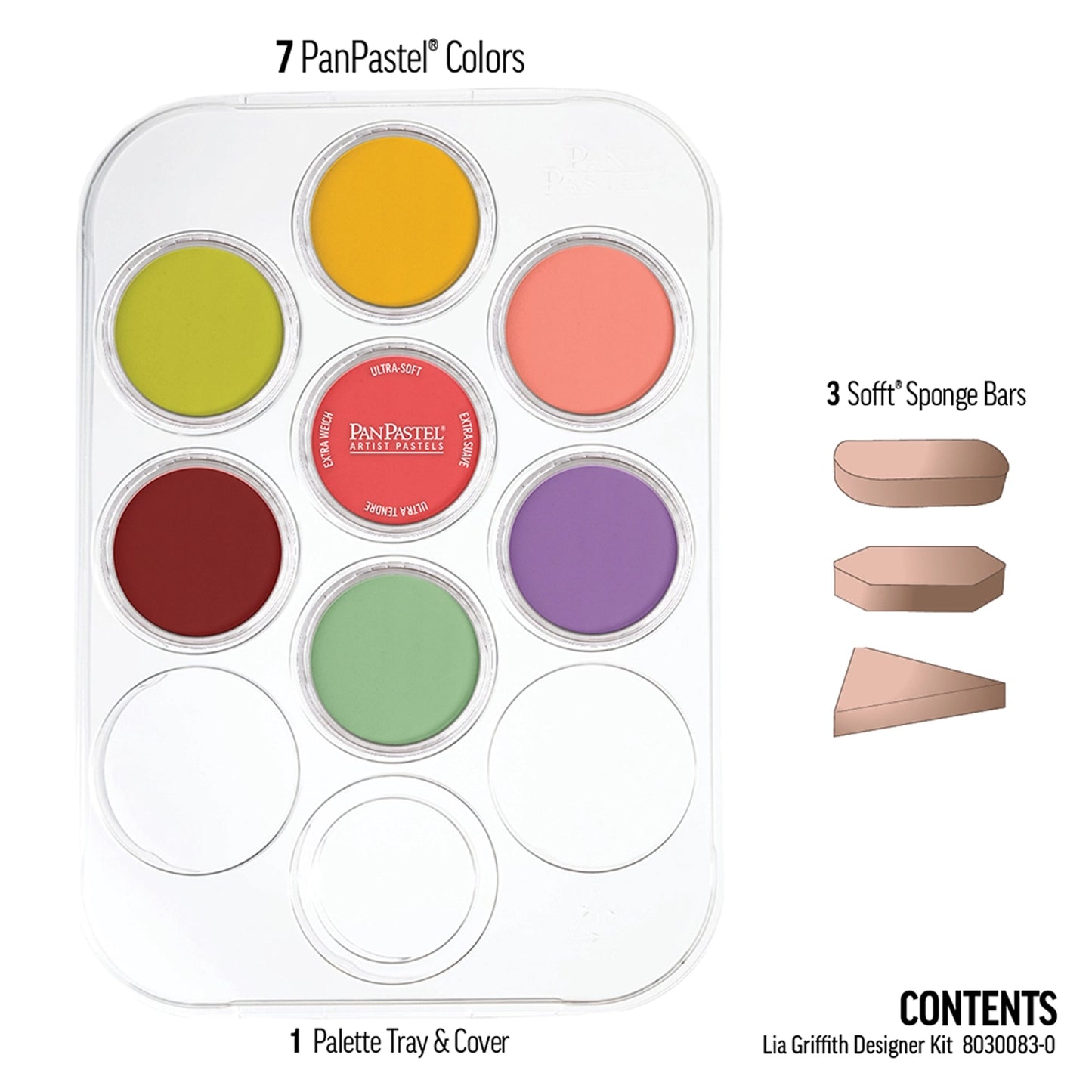 PanPastel Lia Griffith Designer Kit Mood set showing 7 colours and 3 sponges included in the set 