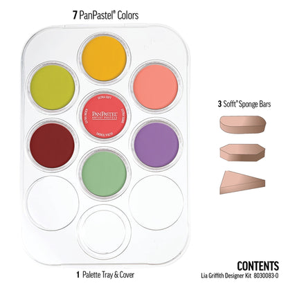 PanPastel Lia Griffith Designer Kit Mood set showing 7 colours and 3 sponges included in the set 