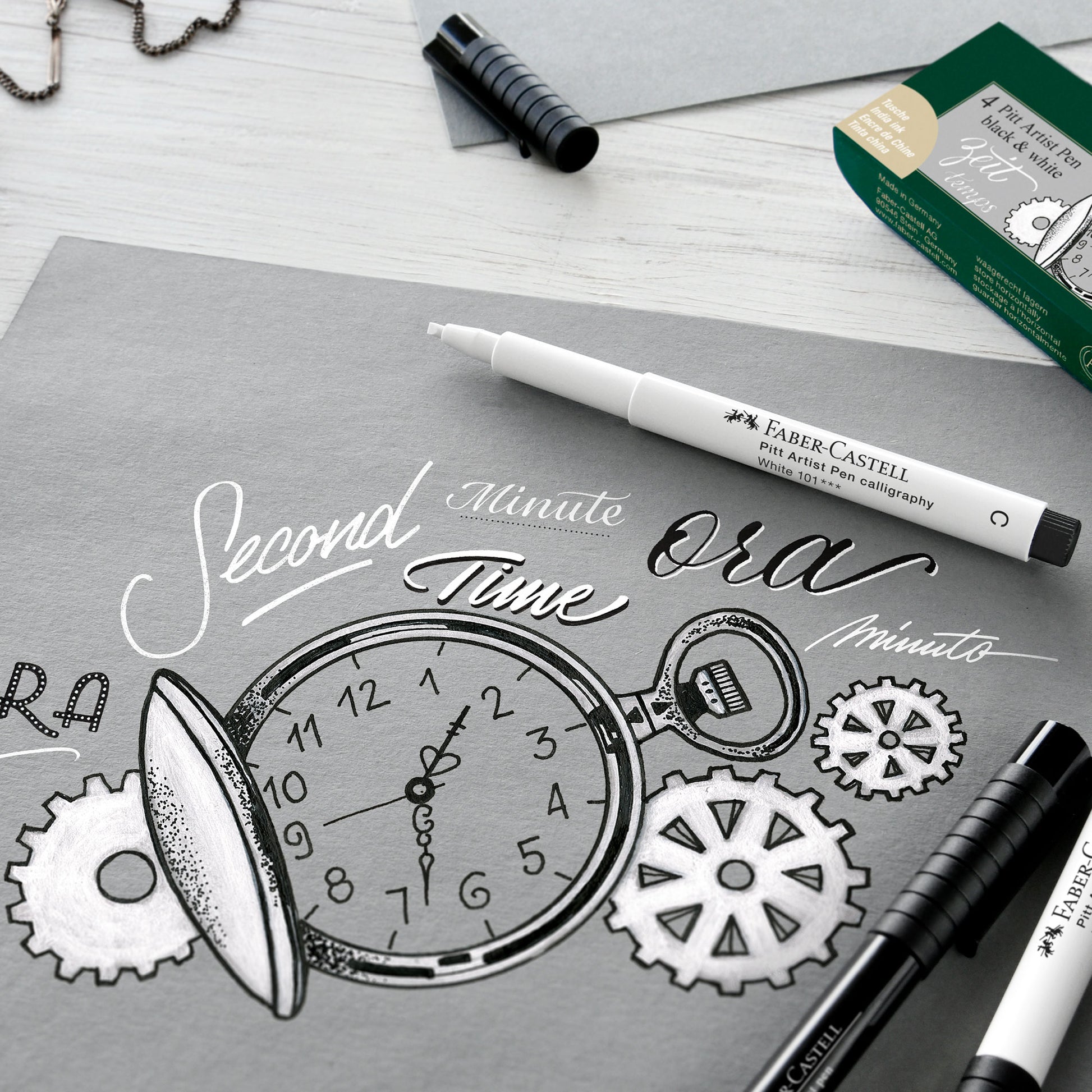 Faber-Castell Pitt Artist Pen - Black/White (Pack of 4) - Sample Illustration of a Pocket Watch