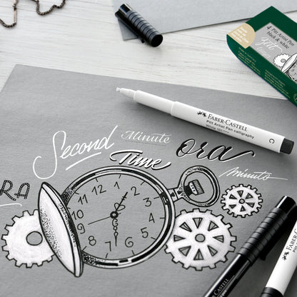 Faber-Castell Pitt Artist Pen - Black/White (Pack of 4) - Sample Illustration of a Pocket Watch