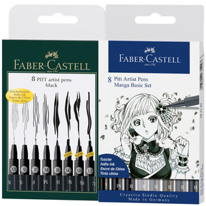 Faber-Castell Pitt Artist Pens- Black, Set of 8, Assorted Nibs 