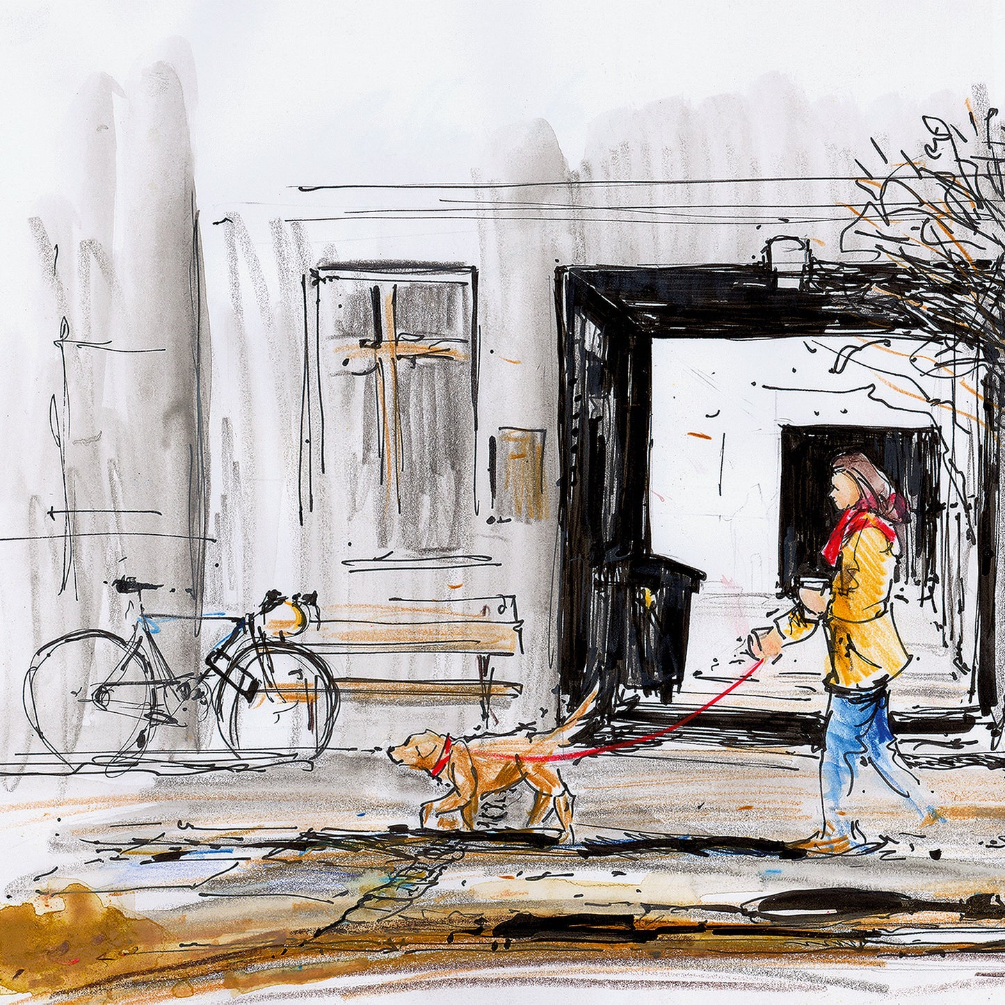 Faber-Castell PITT Artists Pens - PITT Drawing Pens - Sample Illustration of a Woman Walking Her Dog