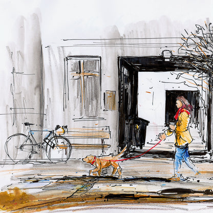 Faber-Castell PITT Artists Pens - PITT Drawing Pens - Sample Illustration of a Woman Walking Her Dog