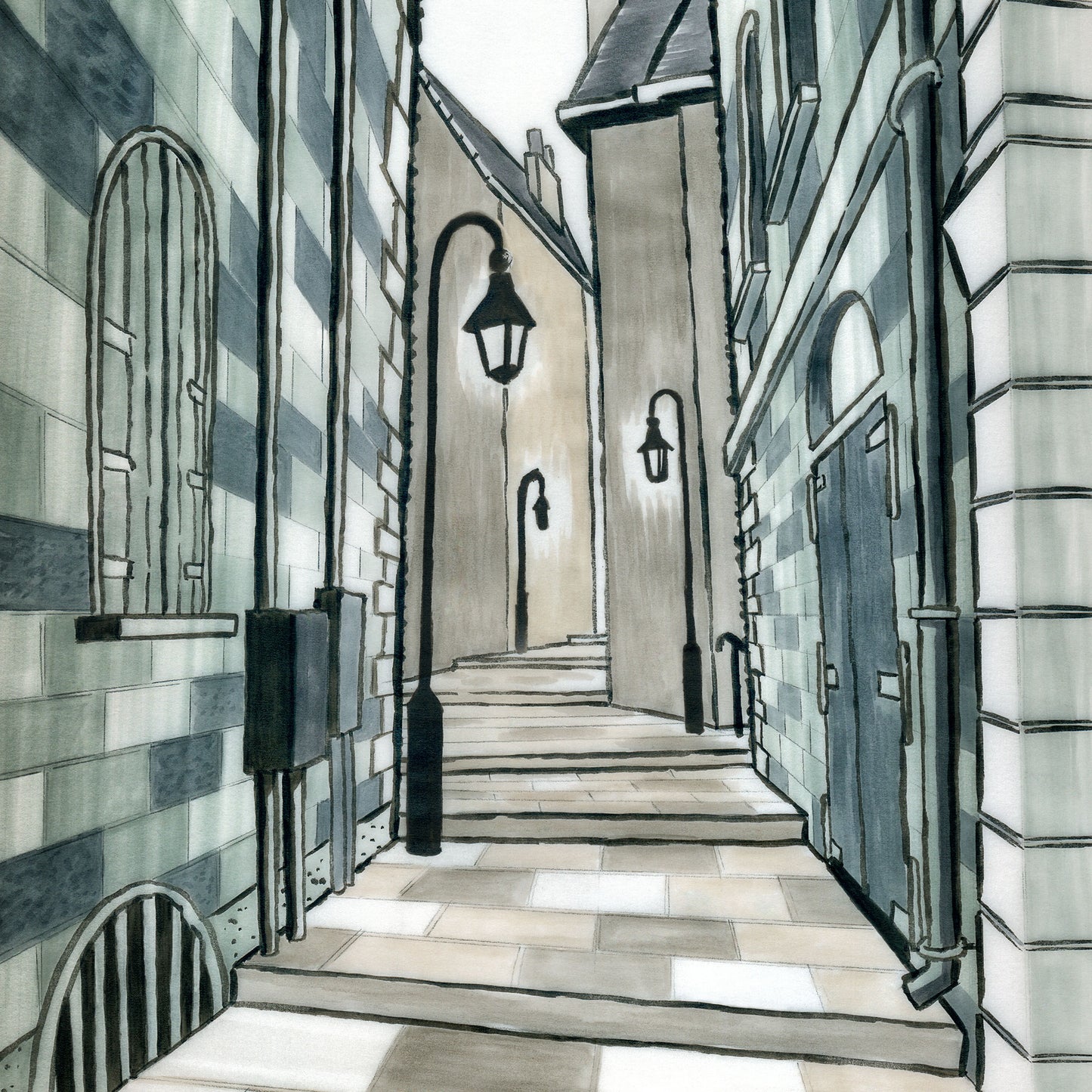 Faber-Castell Pitt Artists Pen Soft Brushes - Sample Illustration of a Winding, European Street at Night