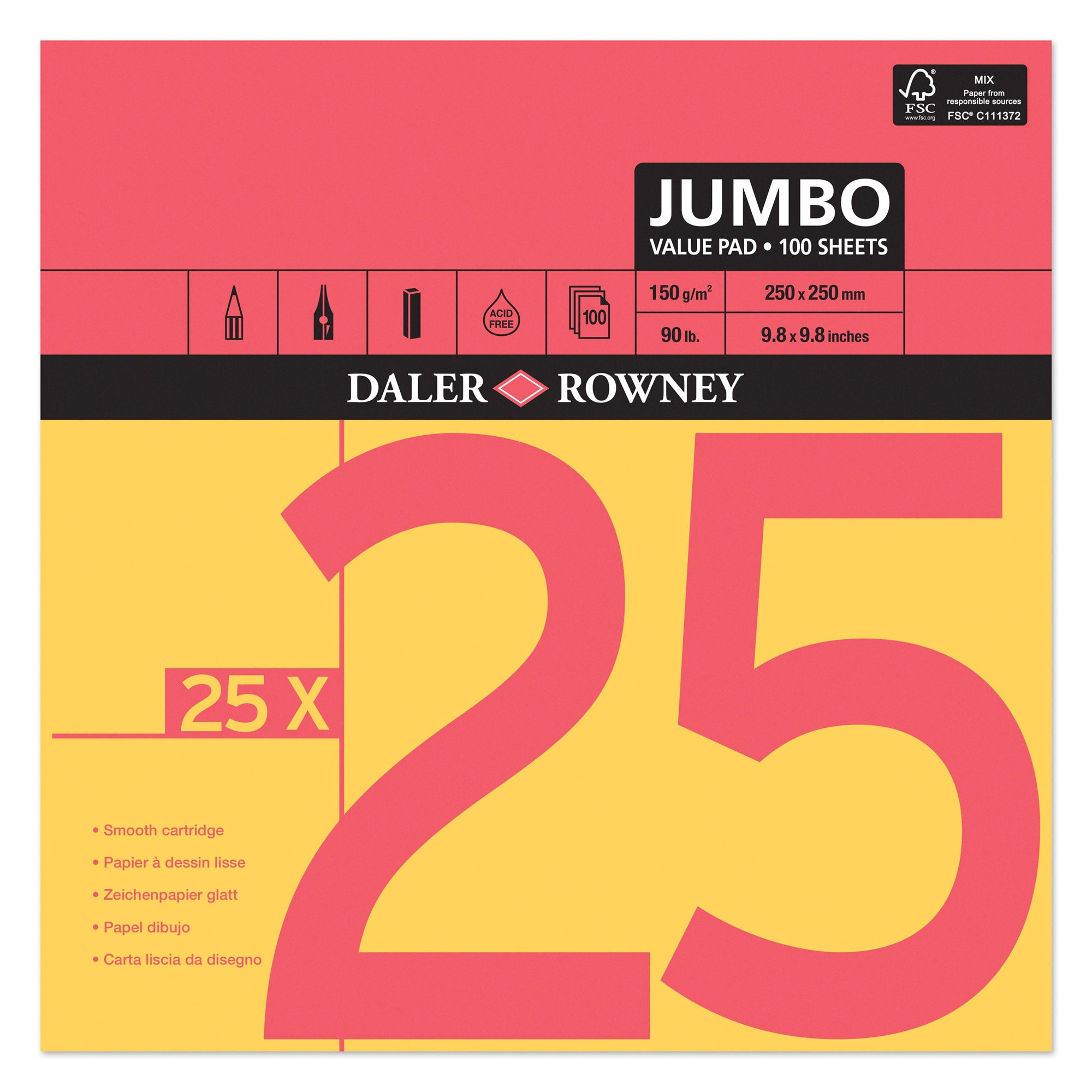 Daler-Rowney Red & Yellow Jumbo Cartridge Pad 250x 250mm 150gsm