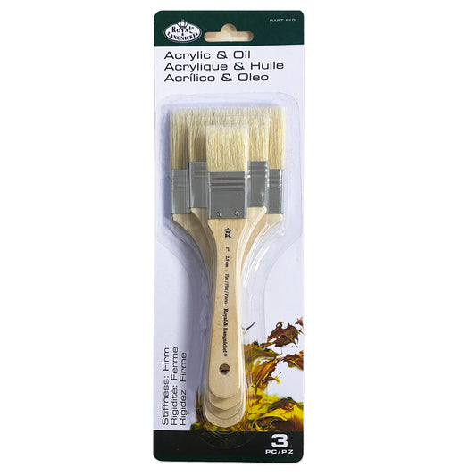 Set of three natural hog bristle flat brushes in sizes 1 inch, 2 inches, and 3 inches