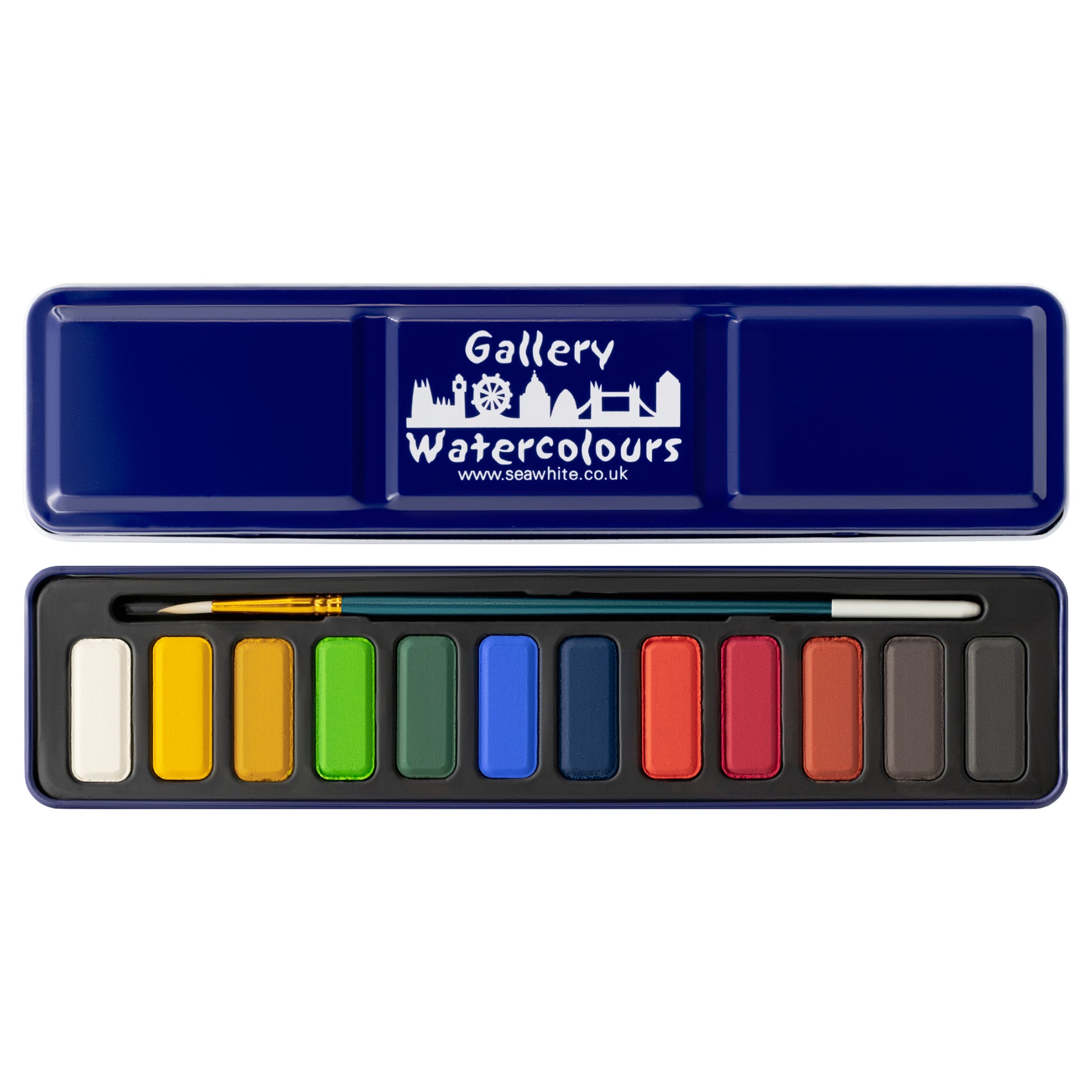 Watercolor paint set with a brush and blue case labeled 'Gallery Watercolours' on a white background.