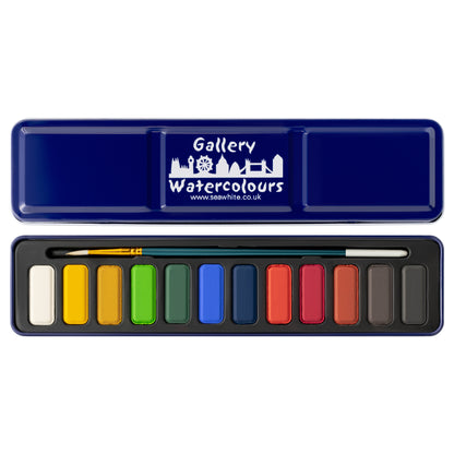 Watercolor paint set with a brush and blue case labeled 'Gallery Watercolours' on a white background.