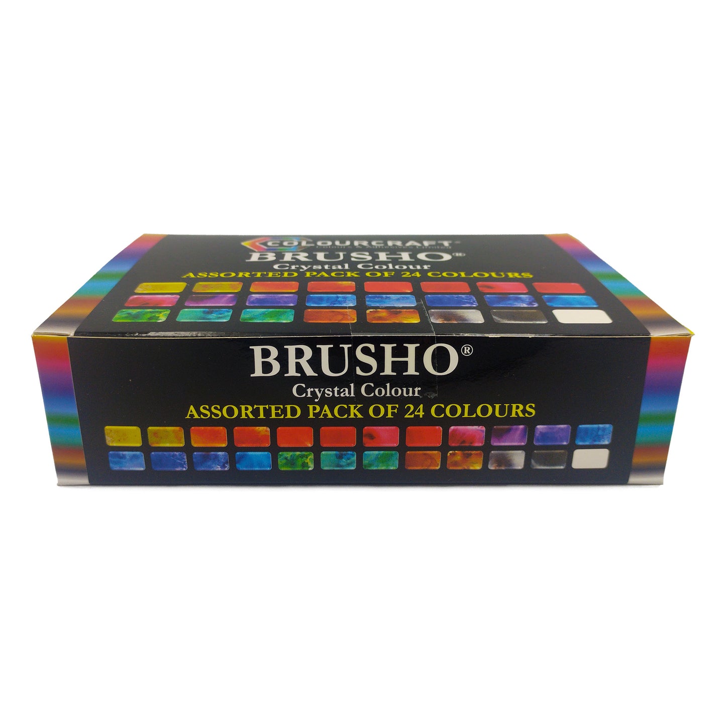 Brusho starter pack featuring an assortment of 24 vibrant crystal colours in small drums.