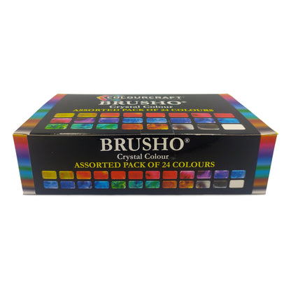 Brusho starter pack featuring an assortment of 24 vibrant crystal colours in small drums.