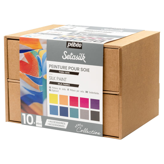 Pebeo Setasilk Silk Paint Set - Set of 10 x 45ml Paints + Accessories