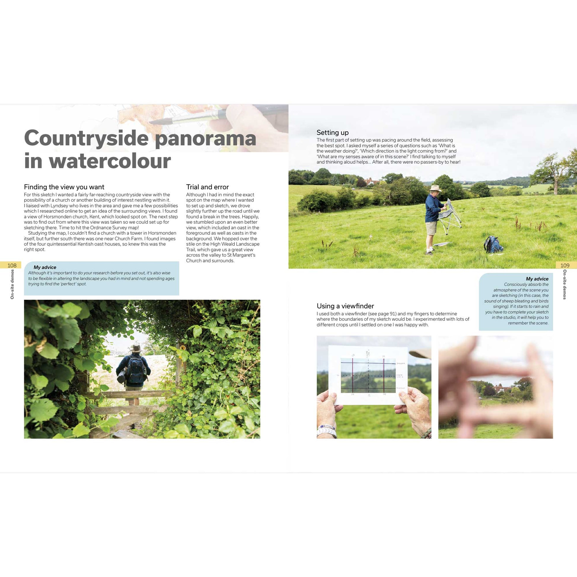 Sample Page 3 - A demonstration of how to paint a countryside panorama in watercolour, including how to use a viewfinder or your fingers to compose a painting